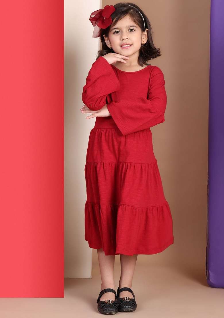 Red Solid Cotton Dress For Girls - Indya