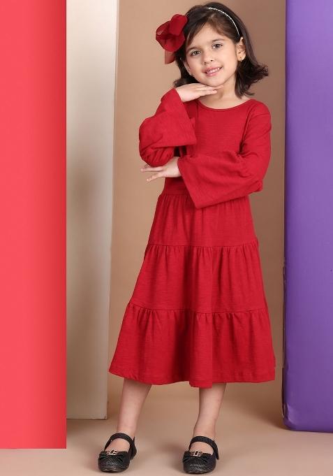 Red Solid Cotton Dress For Girls