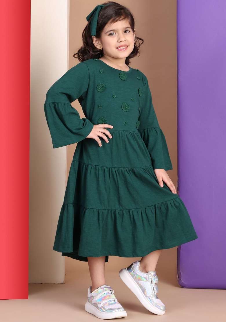 Green Solid Cotton Dress For Girls - Indya