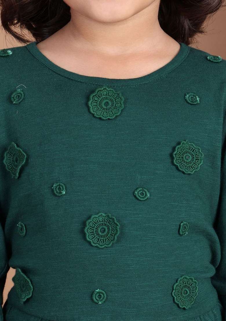 Green Solid Cotton Dress For Girls - Indya