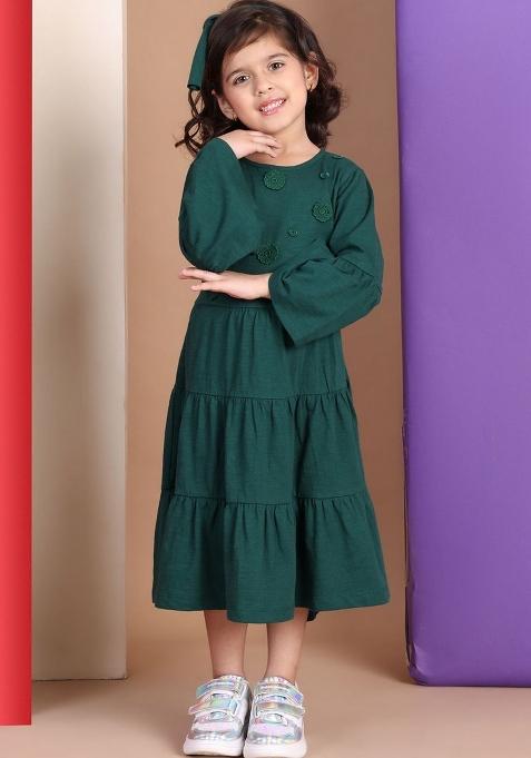 Green Solid Cotton Dress For Girls