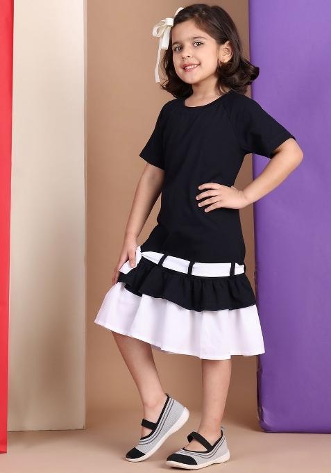 Black Solid Cotton Dress For Girls