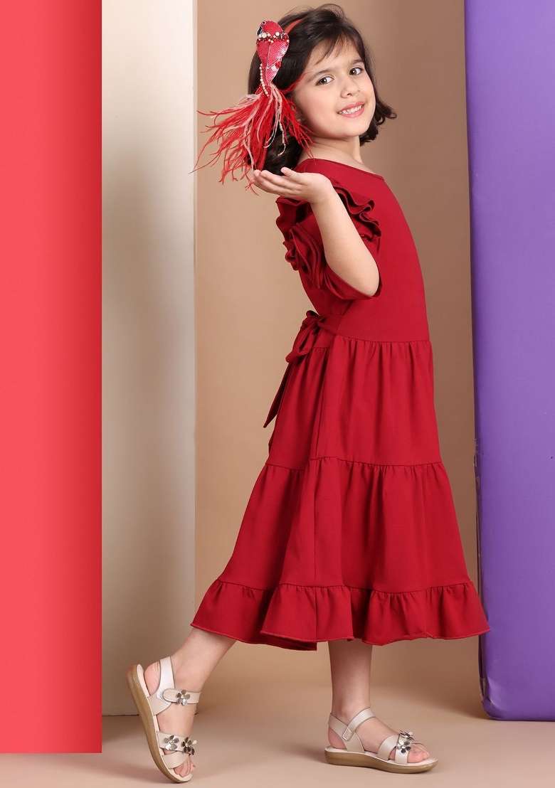 Red Solid Cotton Dress For Girls - Indya