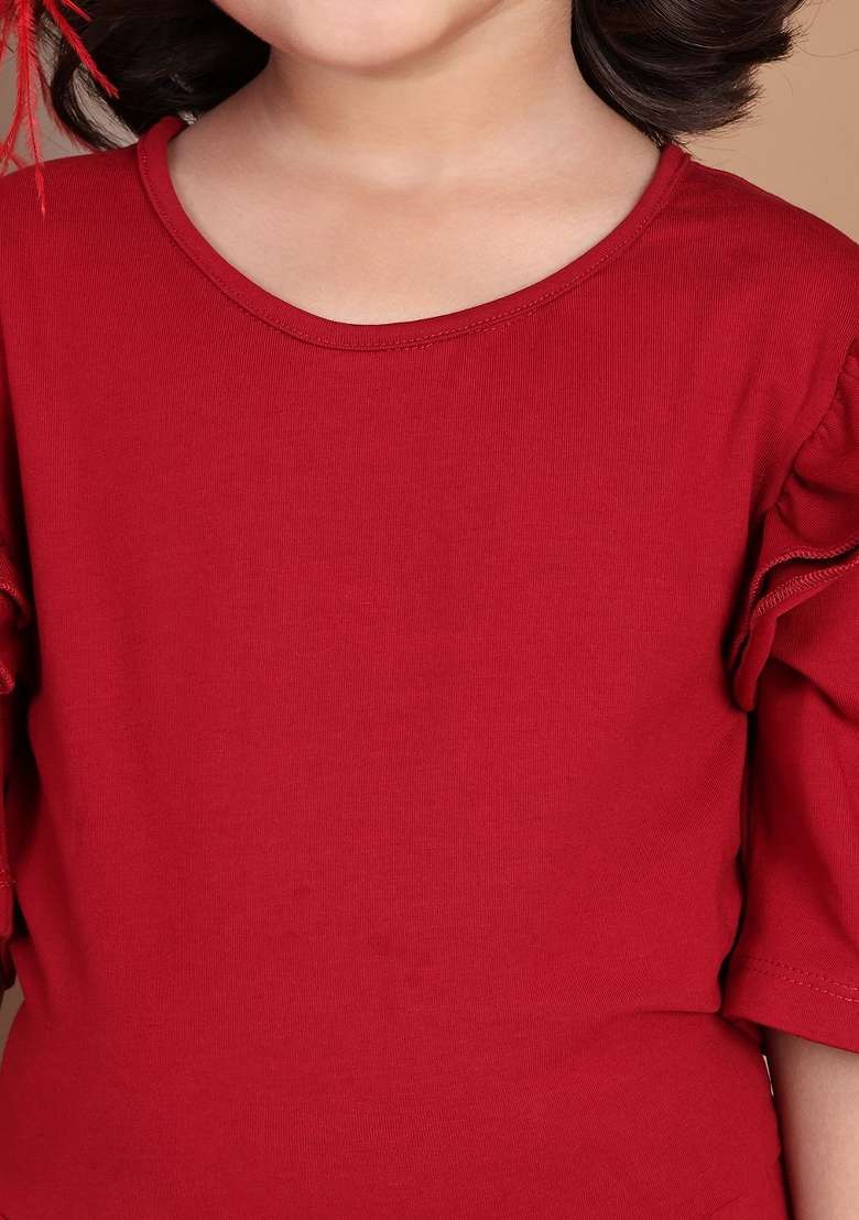 Red Solid Cotton Dress For Girls - Indya