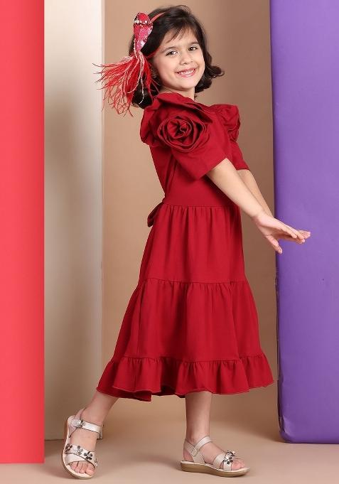Red Solid Cotton Dress For Girls