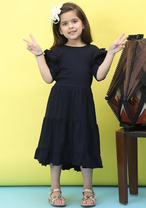 Navy Blue Solid Cotton Dress For Girls