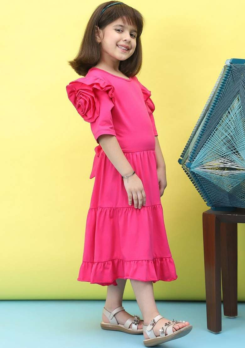 Pink Solid Cotton Dress For Girls - Indya