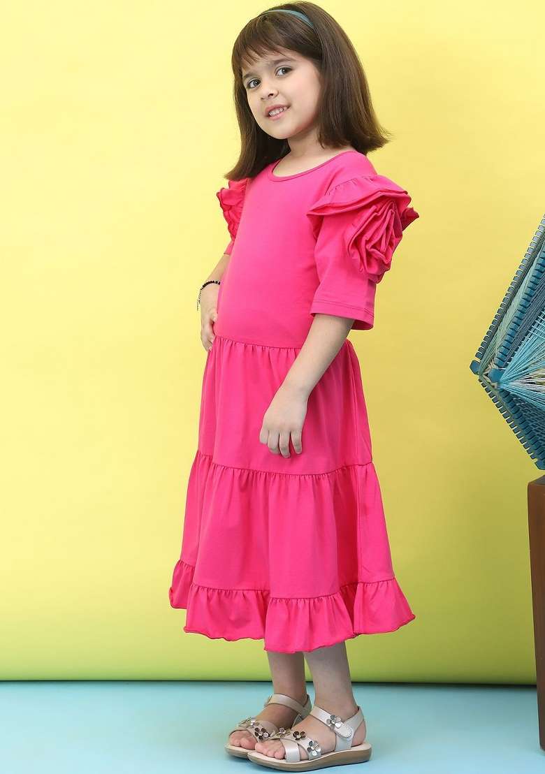 Pink Solid Cotton Dress For Girls - Indya
