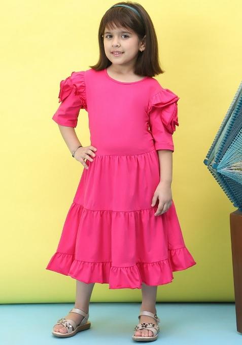 Pink Solid Cotton Dress For Girls