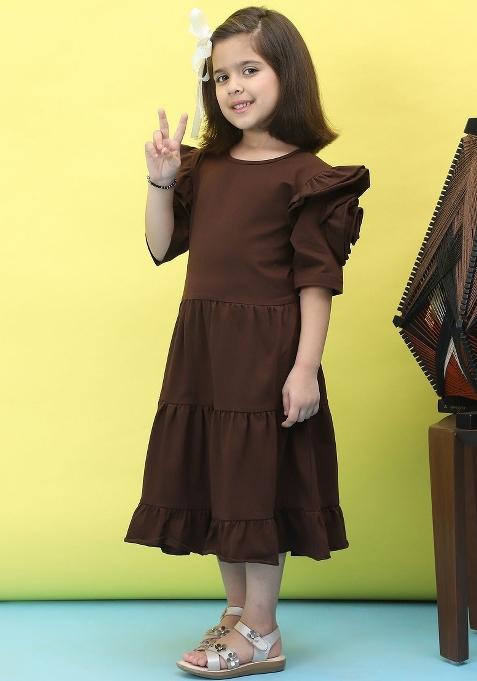 Brown Solid Cotton Dress For Girls