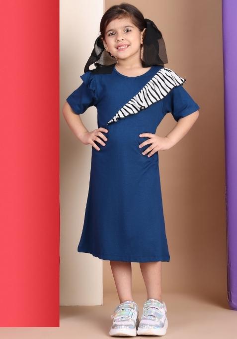 Blue Solid Viscose Dress For Girls