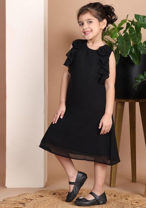Black Solid Polyester Dress For Girls