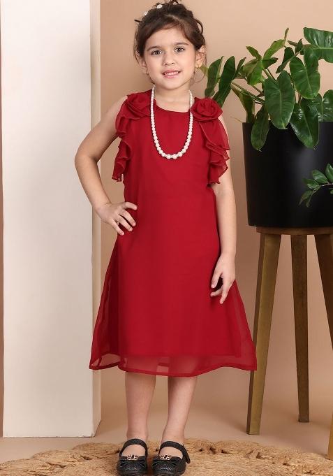 Maroon Solid Polyester Dress For Girls
