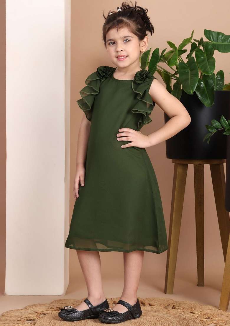 Green Solid Polyester Dress For Girls - Indya
