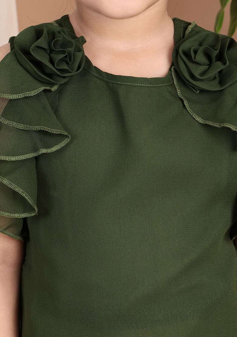 Green Solid Polyester Dress For Girls - Indya