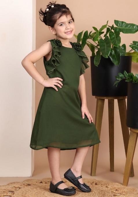 Green Solid Polyester Dress For Girls