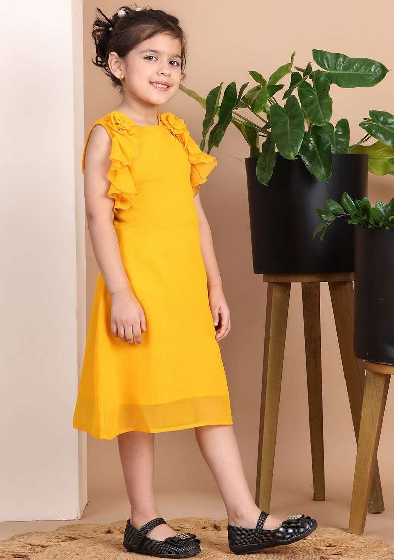 Yellow Solid Polyester Dress For Girls - Indya