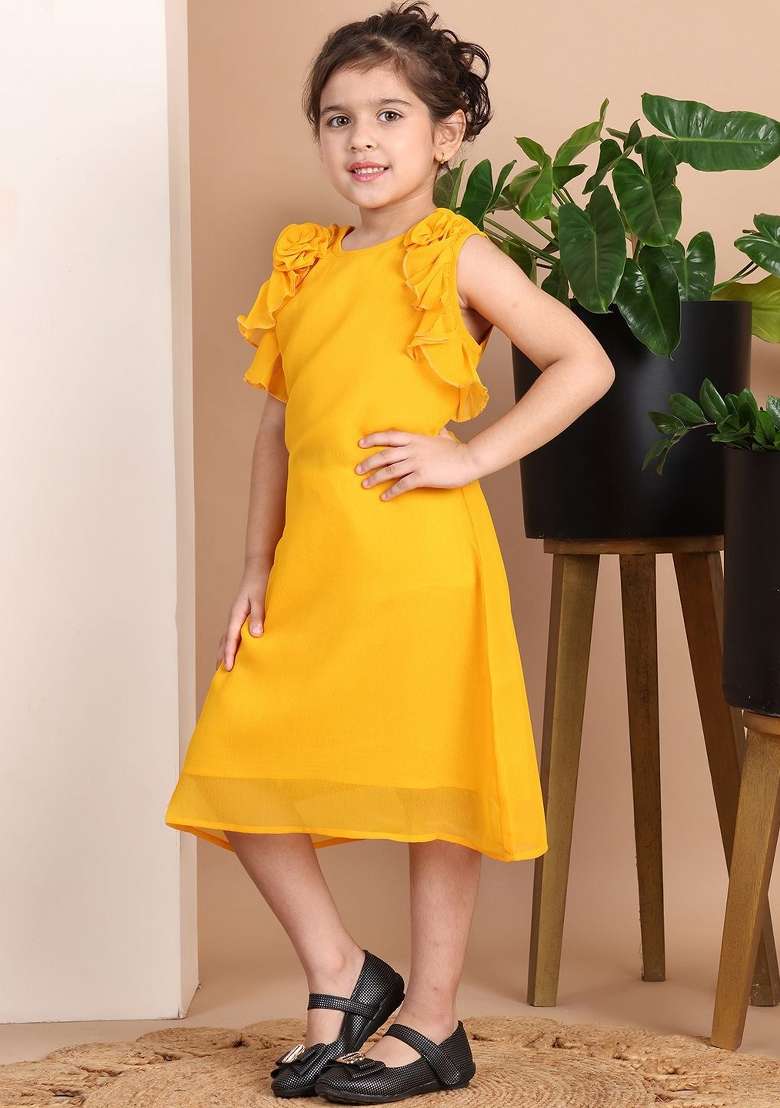 Yellow Solid Polyester Dress For Girls - Indya