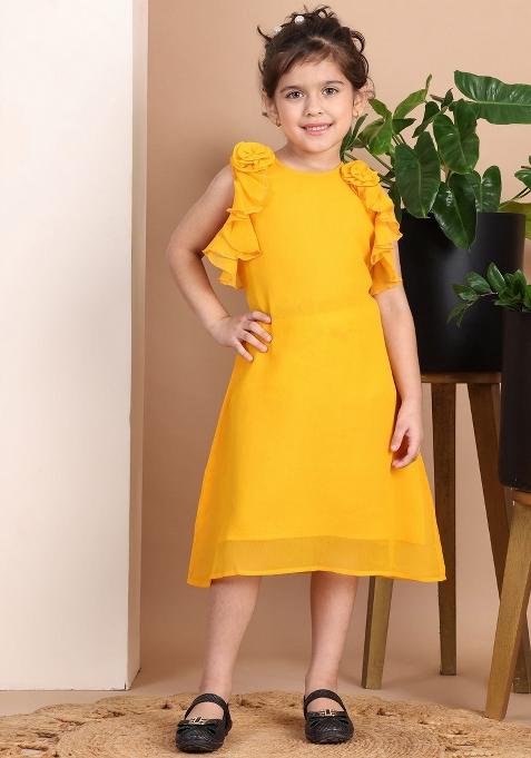 Yellow Solid Polyester Dress For Girls