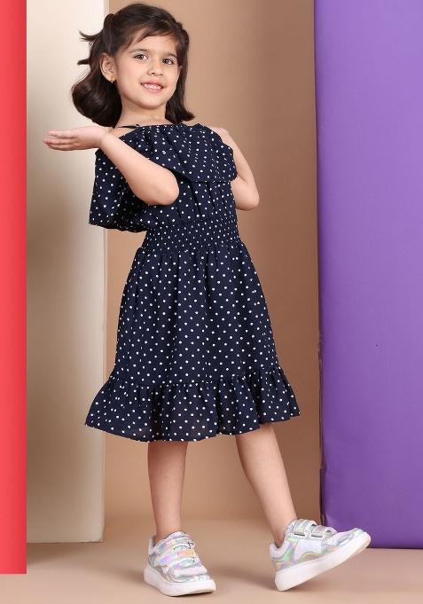 Navy Blue Printed Polyester Dress For Girls