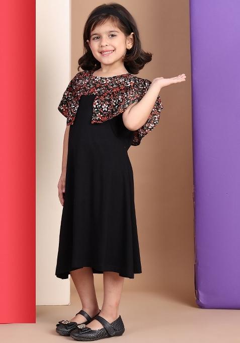Black Solid Viscose Dress For Girls