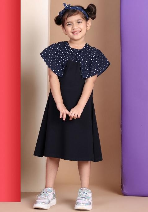 Navy Blue Solid Cotton Dress For Girls