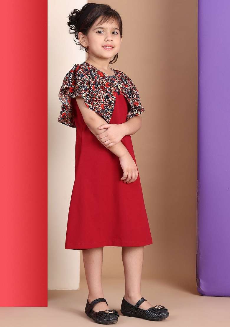 Red Solid Cotton Dress For Girls - Indya