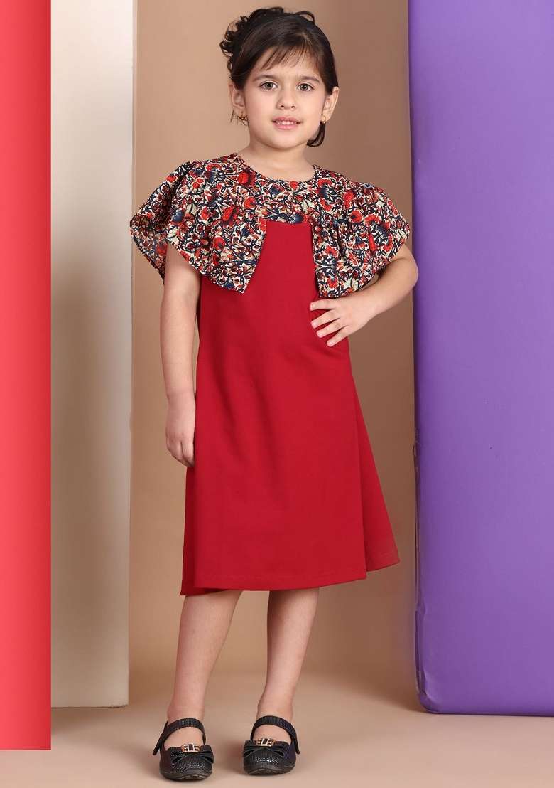 Red Solid Cotton Dress For Girls - Indya