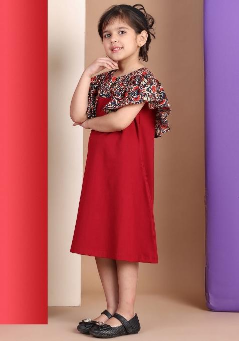 Red Solid Cotton Dress For Girls