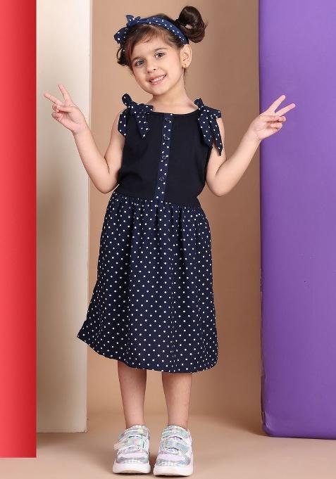 Navy Blue Printed Cotton Dress For Girls