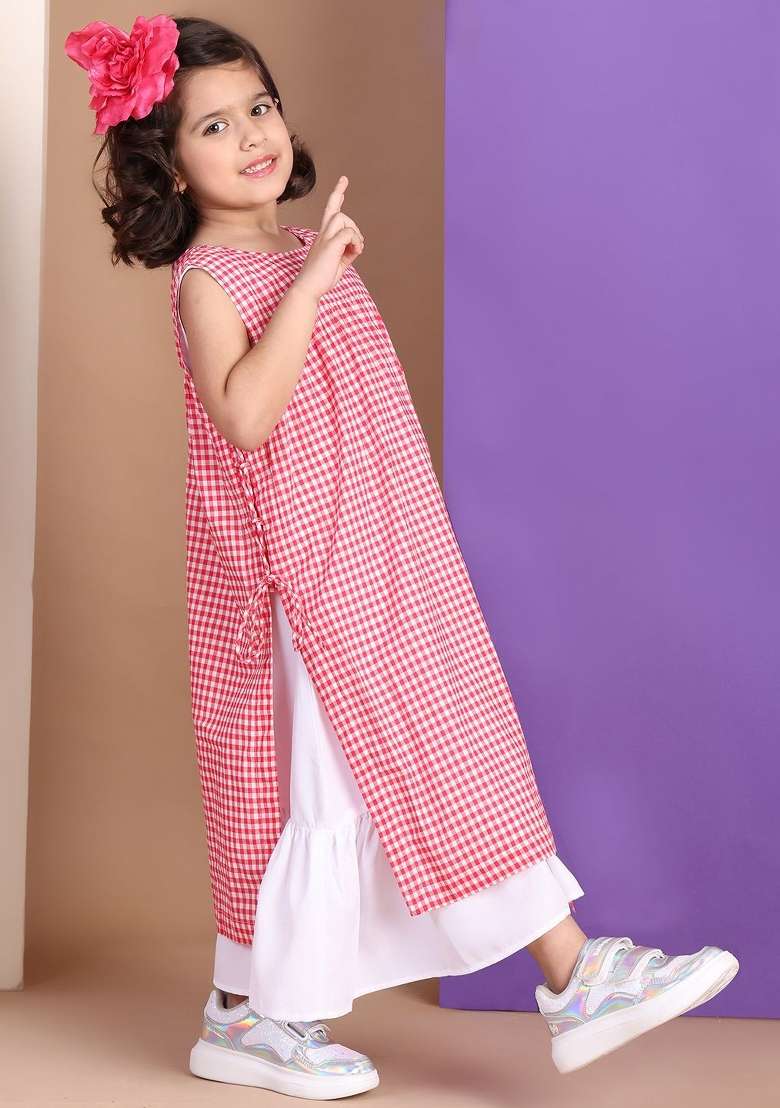 Red Checked Cotton Dress For Girls - Indya