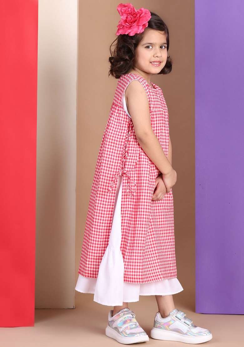 Red Checked Cotton Dress For Girls - Indya