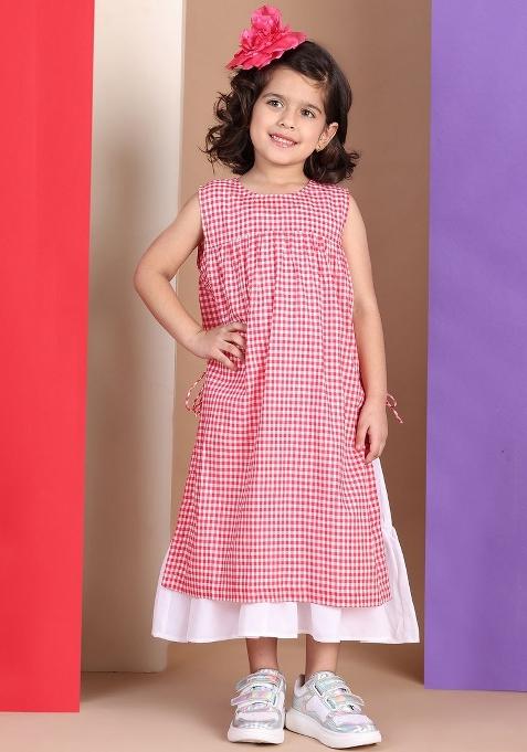 Red Checked Cotton Dress For Girls