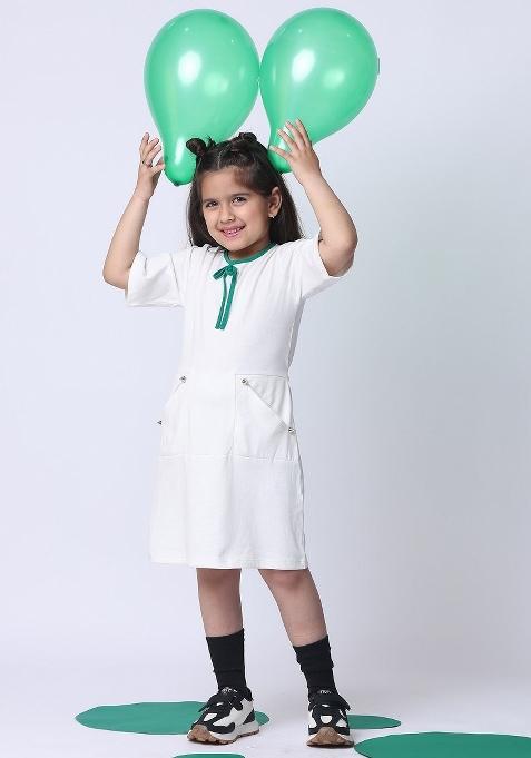 Off White Solid Cotton Dress For Girls