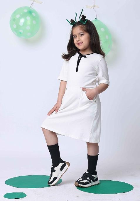 Off White Solid Cotton Dress For Girls