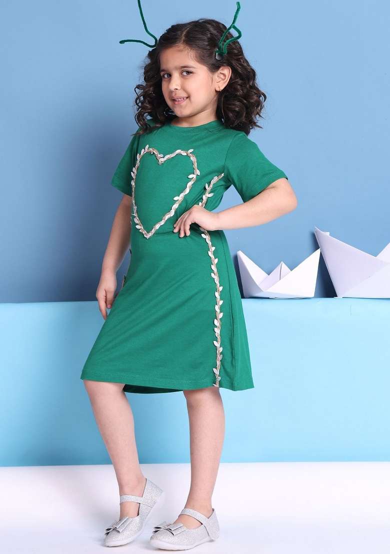 Green Solid Viscose Dress For Girls - Indya