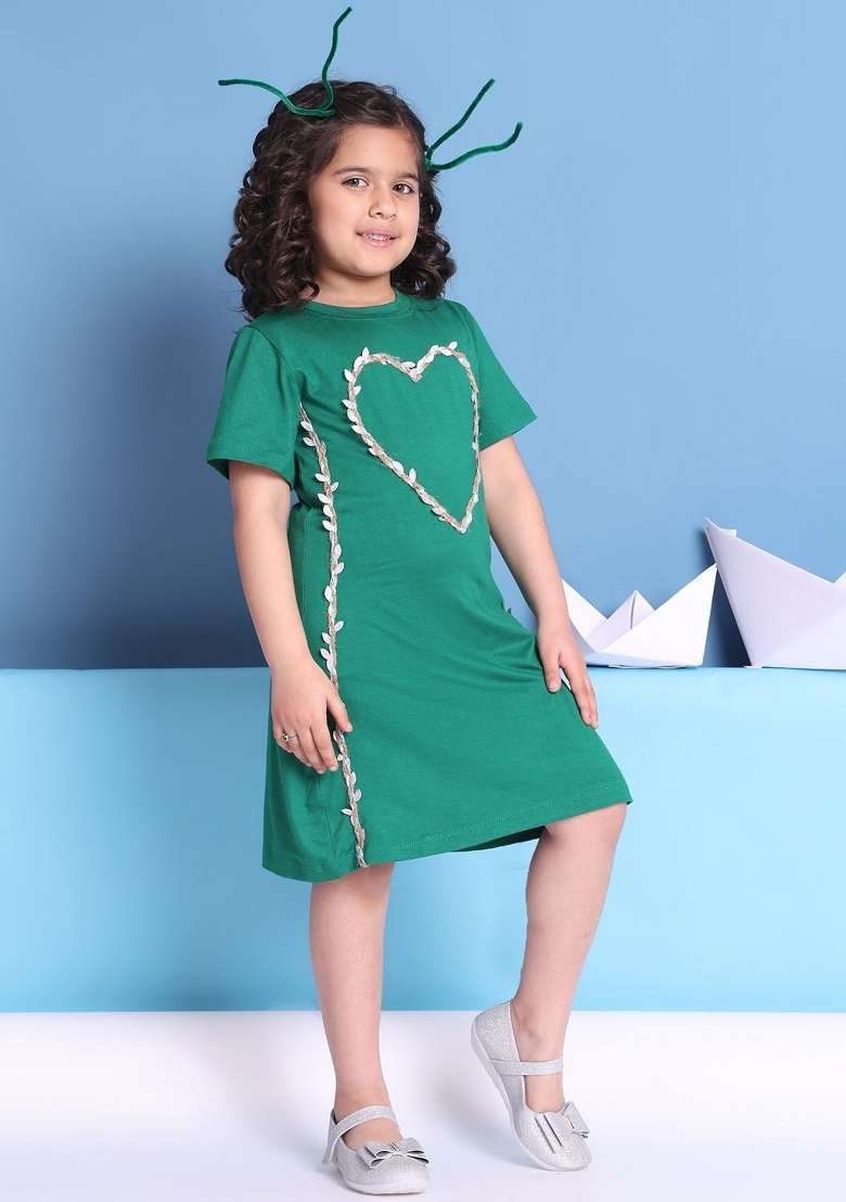 Green Solid Viscose Dress For Girls - Indya