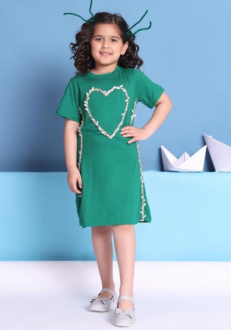 Green Solid Viscose Dress For Girls