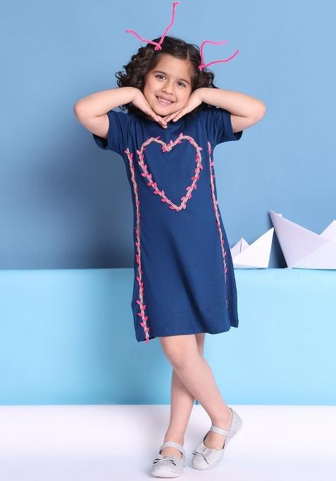 Blue Solid Viscose Dress For Girls
