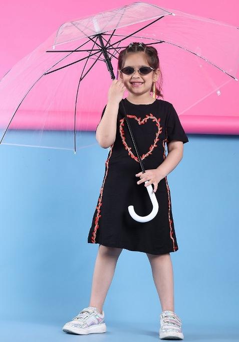 Black Embroidered Viscose Dress For Girls