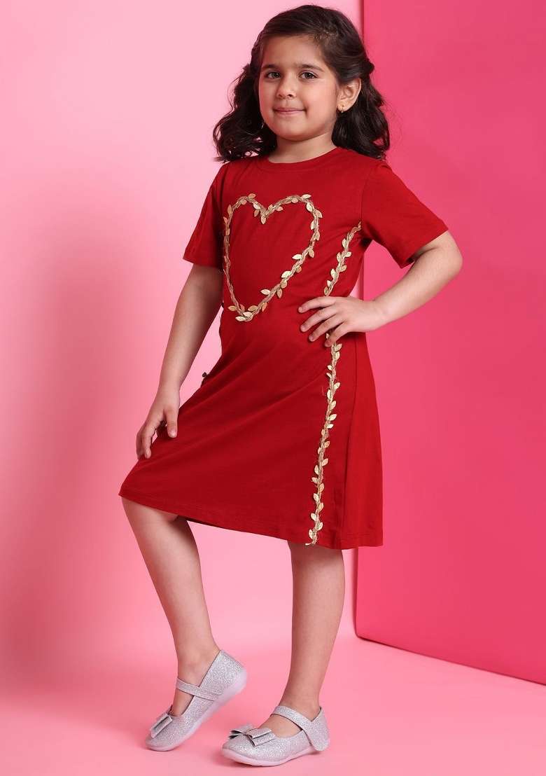 Red Embroidered Viscose Dress For Girls - Indya