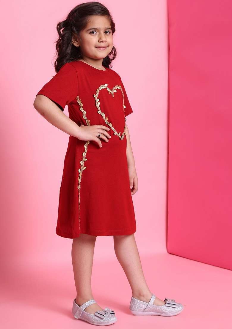 Red Embroidered Viscose Dress For Girls - Indya