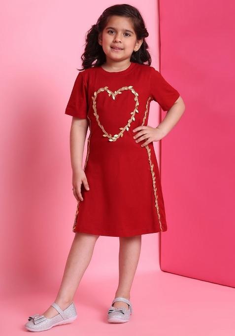 Red Embroidered Viscose Dress For Girls
