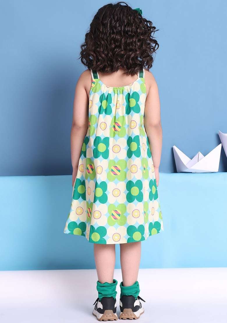 Green Printed Cotton Dress For Girls - Indya