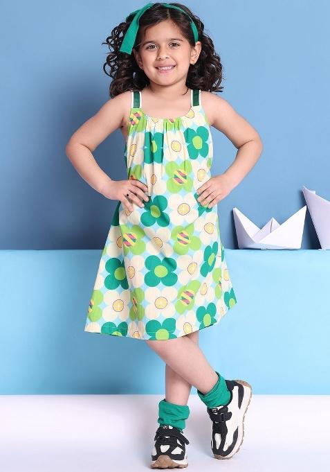 Green Printed Cotton Dress For Girls