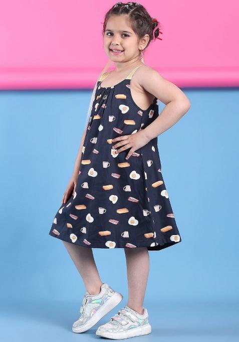 Navy Blue Printed Cotton Dress For Girls