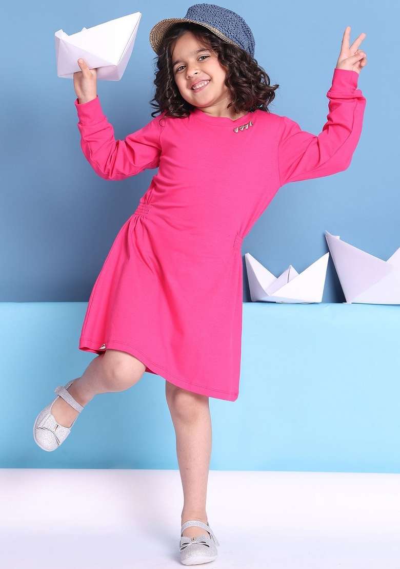 Pink Solid Cotton Dress For Girls - Indya