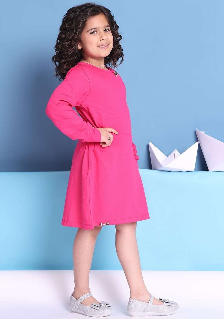 Pink Solid Cotton Dress For Girls - Indya