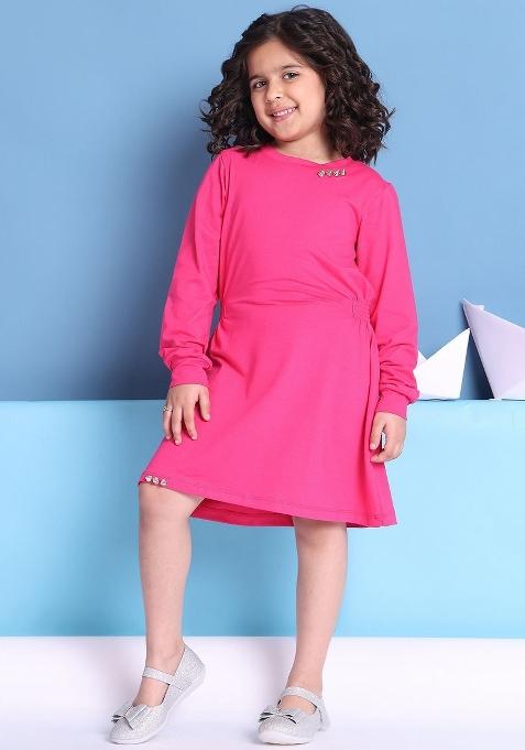 Pink Solid Cotton Dress For Girls