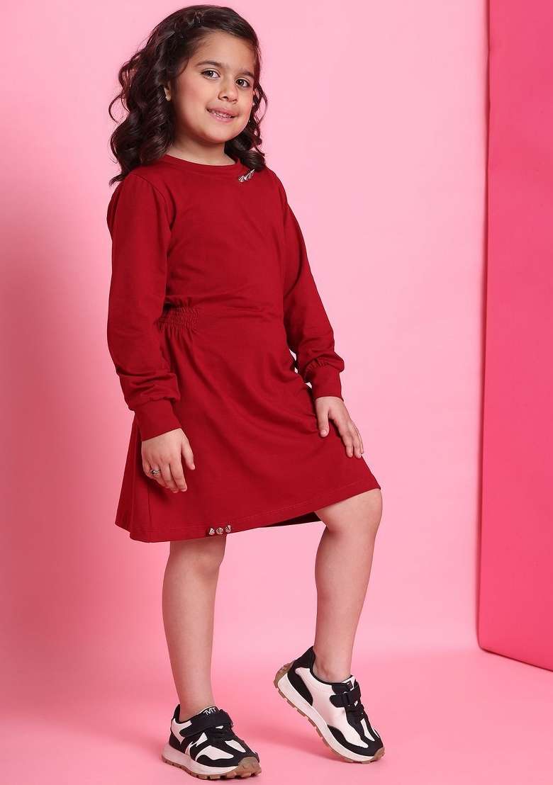 Red Solid Cotton Dress For Girls - Indya